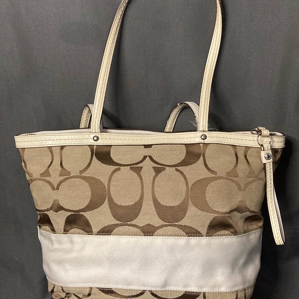 Coach Khaki Brown Cream Signature Jacquard Striped Tote
